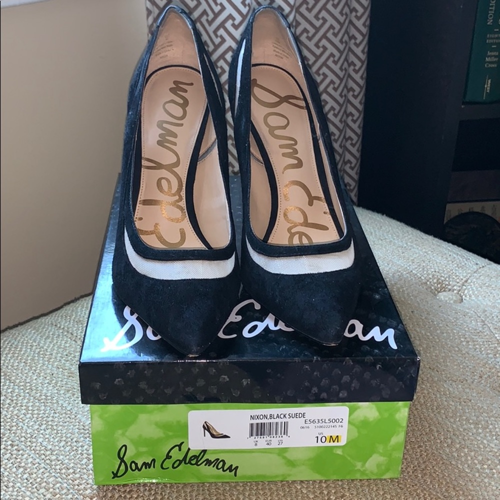 Sam Edelman black suede pump with mesh cut outs